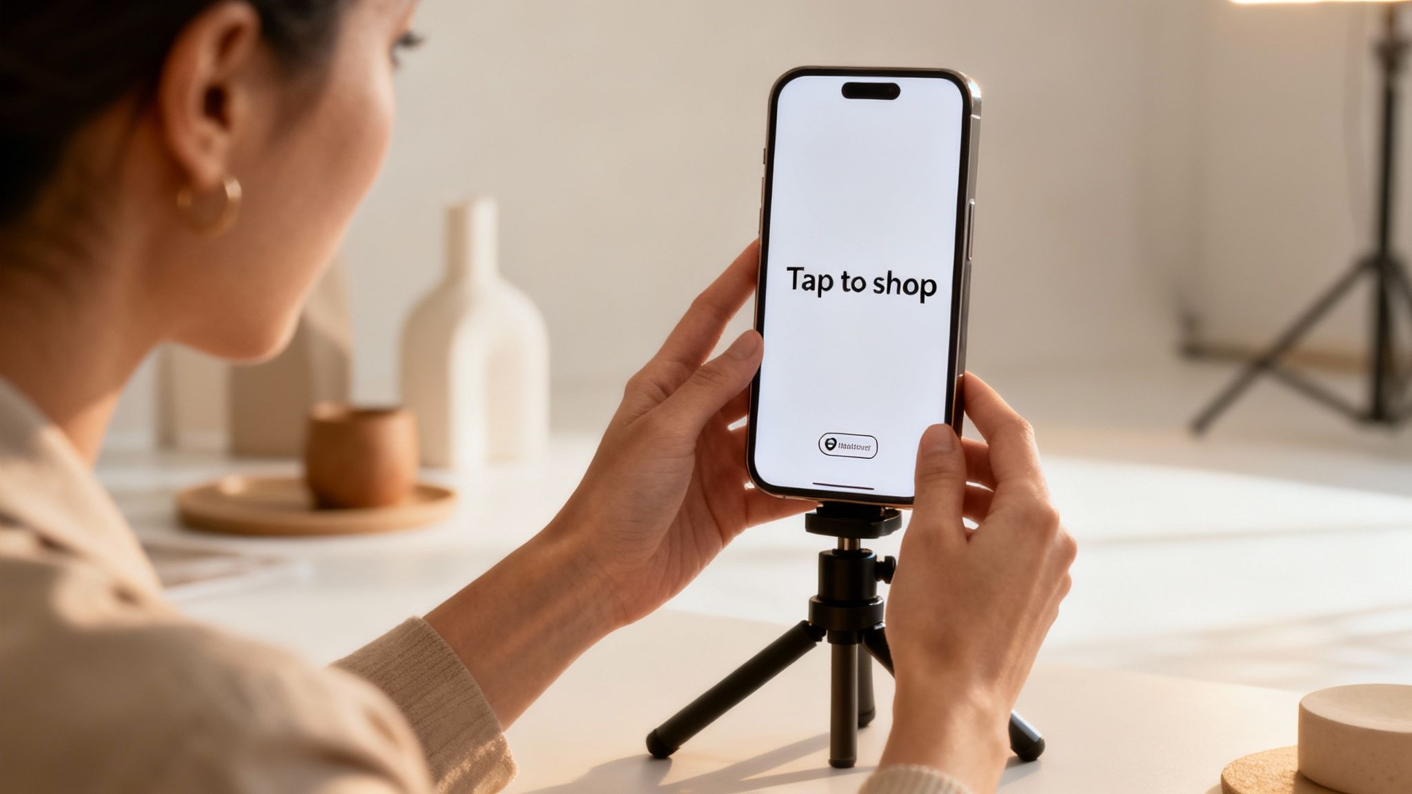 A person holds a smartphone on a tripod displaying 'Tap to shop,' hinting at mobile e-commerce or live shopping content creation.