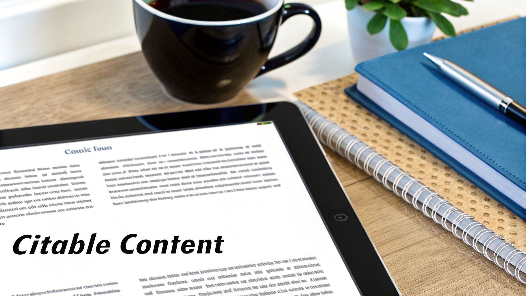 A tablet showing 'Citable Content' and a coffee cup, notebook, and pens on a wooden desk.
