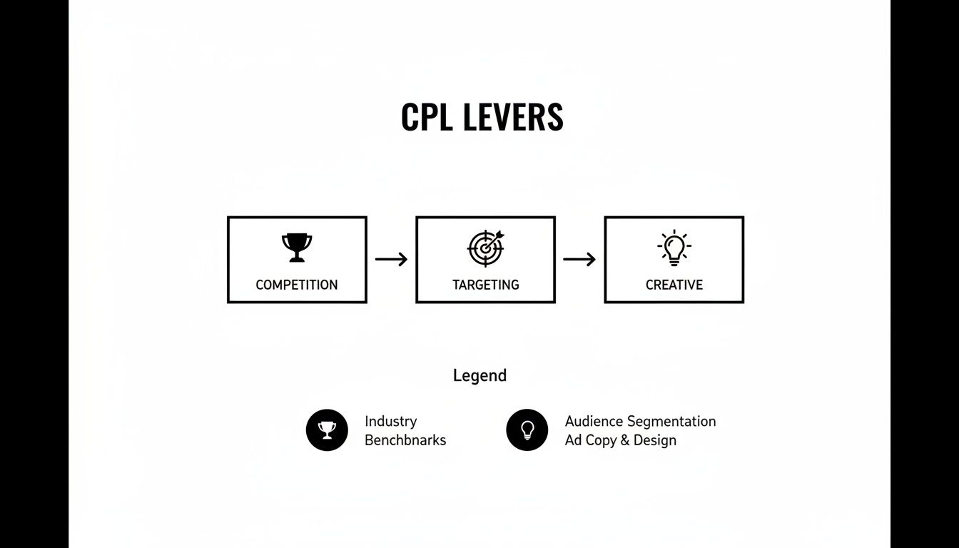 Flowchart illustrating CPL levers: Competition, Targeting, and Creative, with legend explaining icons.