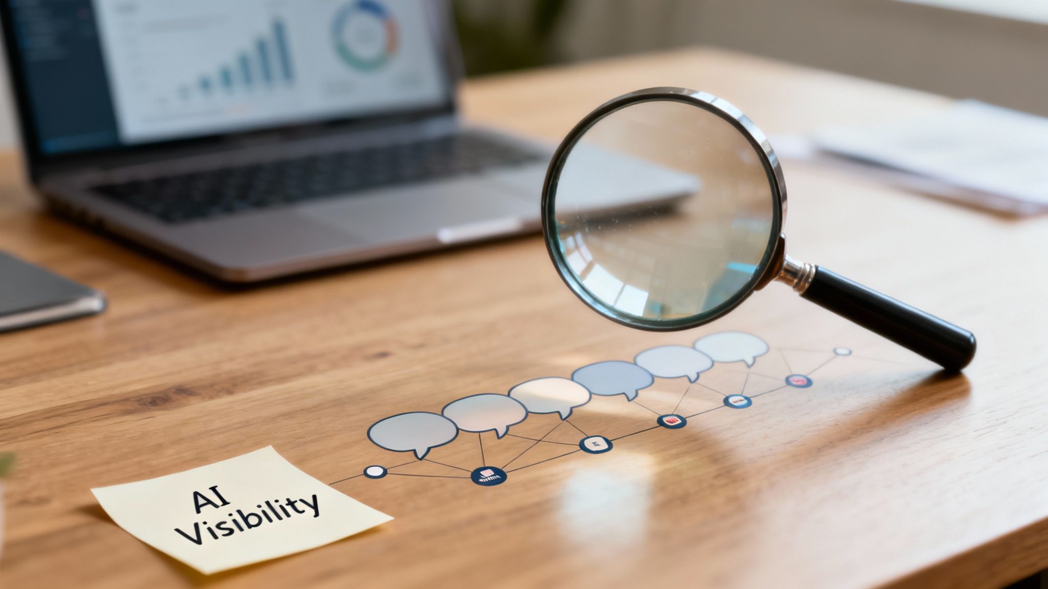 Magnifying glass over a note saying 'AI Visibility' and a network diagram on a wooden desk, with a laptop.