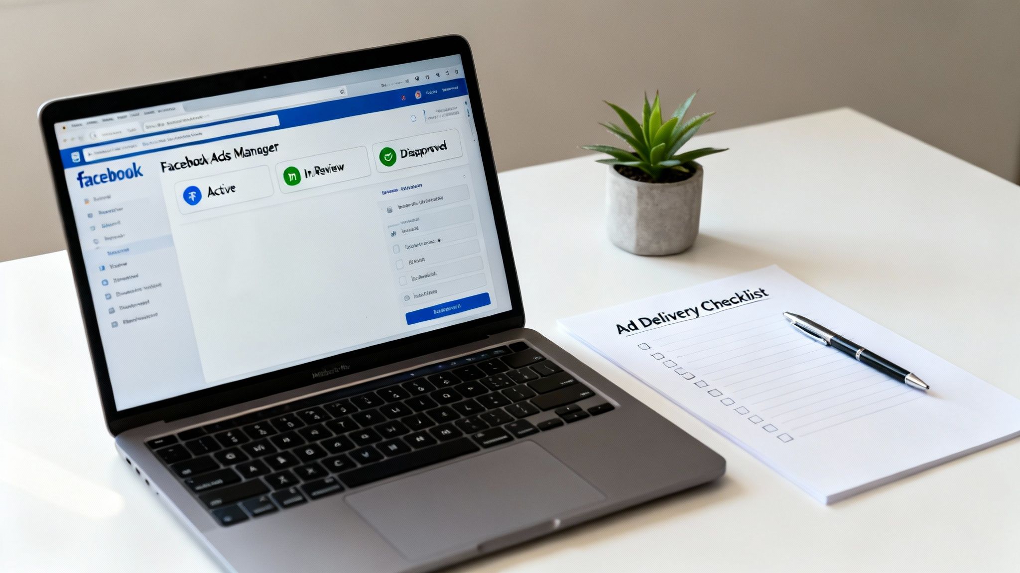 A laptop displays Facebook Ads Manager with ad statuses like Active, In Review, Disapproved, next to an 'Ad Delivery Checklist' pad and a plant.