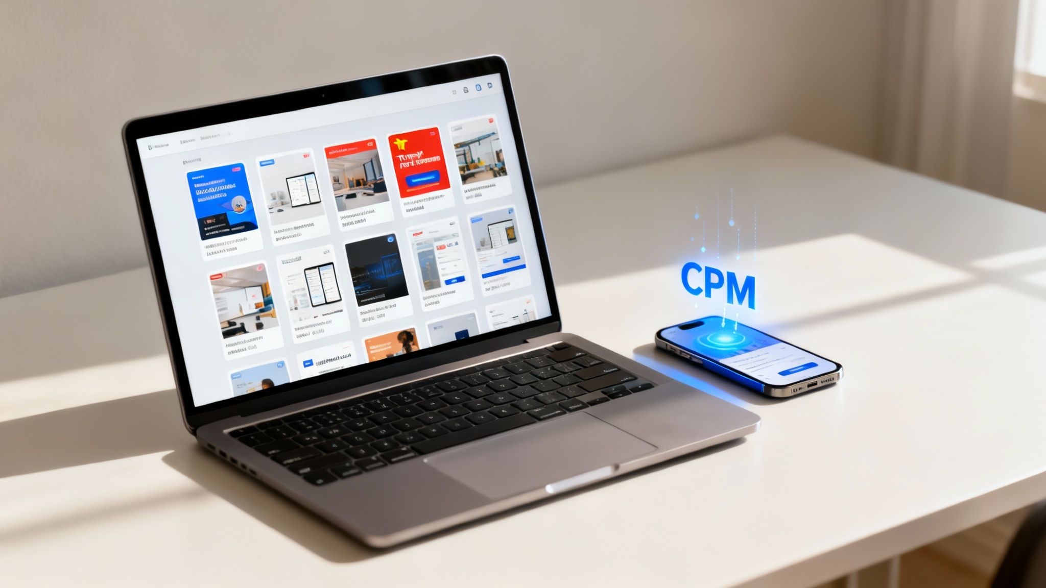 Laptop displaying app designs and smartphone with a glowing 'CPM' graphic on a white desk.
