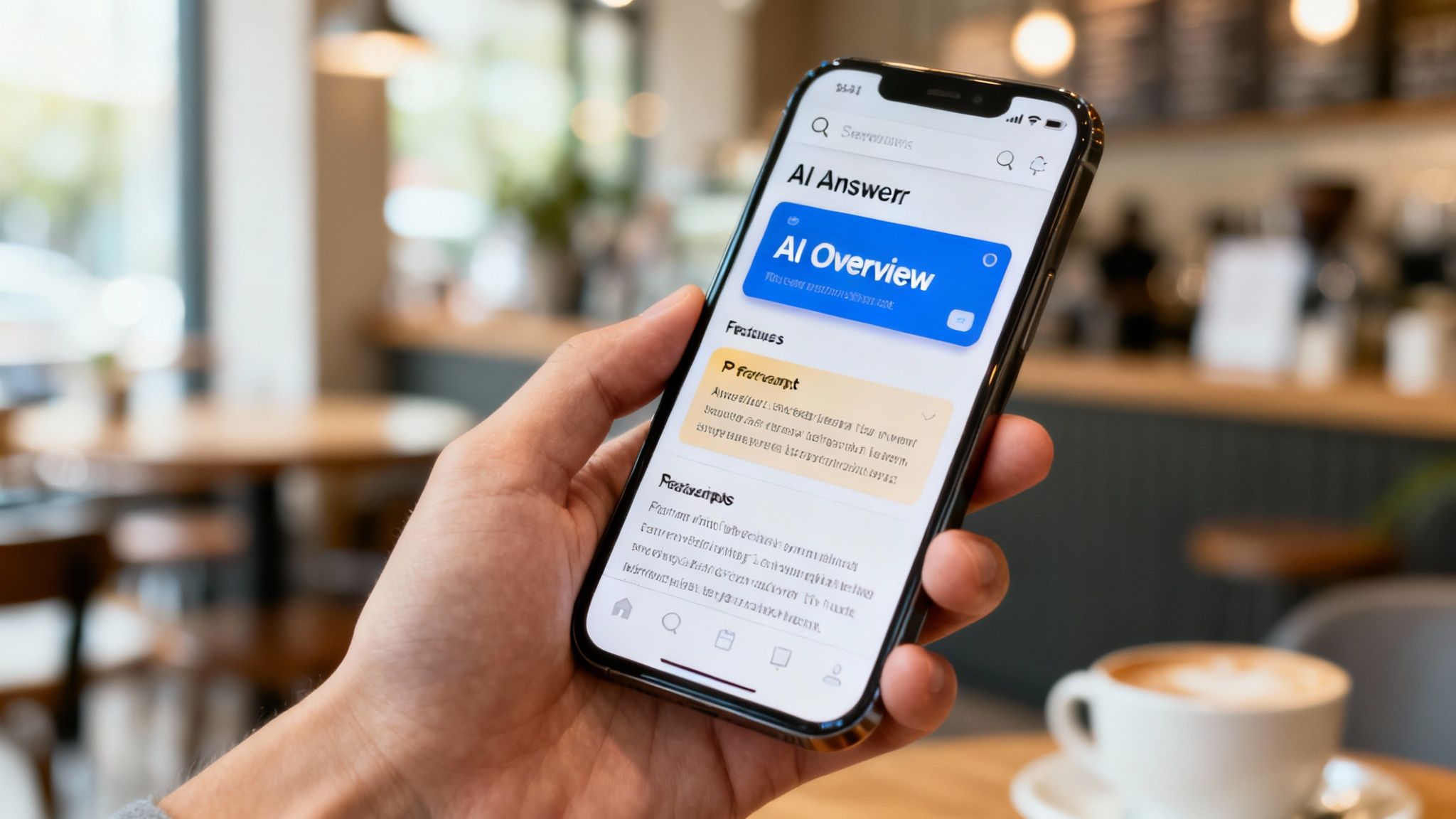 A hand holds an iPhone displaying an AI app interface in a cafe setting with a coffee cup.