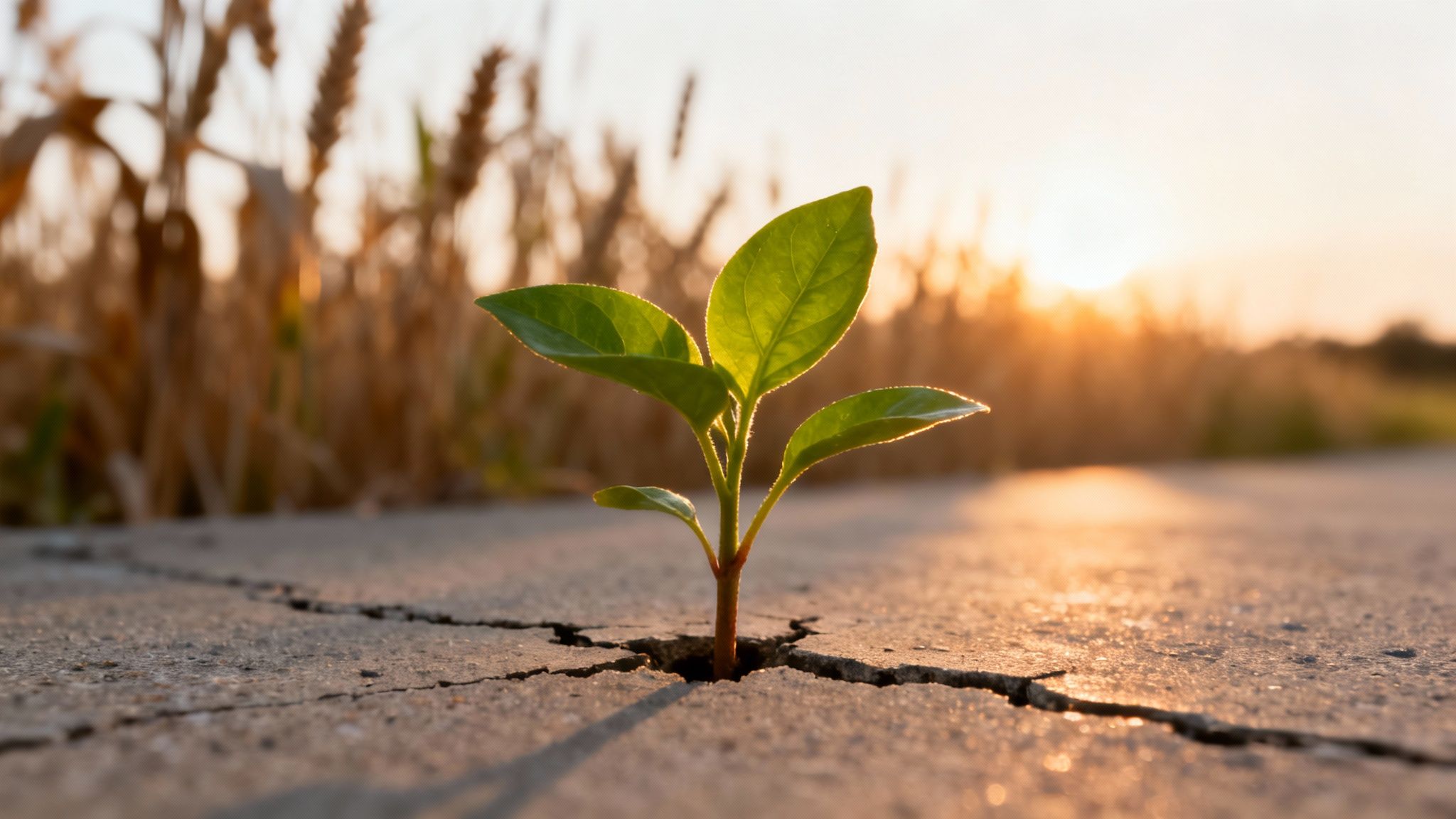 A tiny green sprout pushes through cracked pavement, backlit by a beautiful sunset over a wheat field.