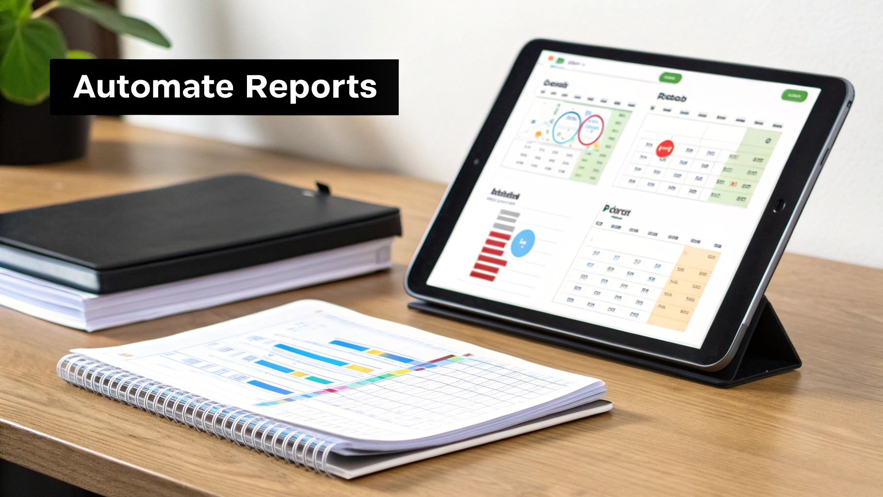 Digital reports on a tablet and a printed report on a wooden desk with notebooks.