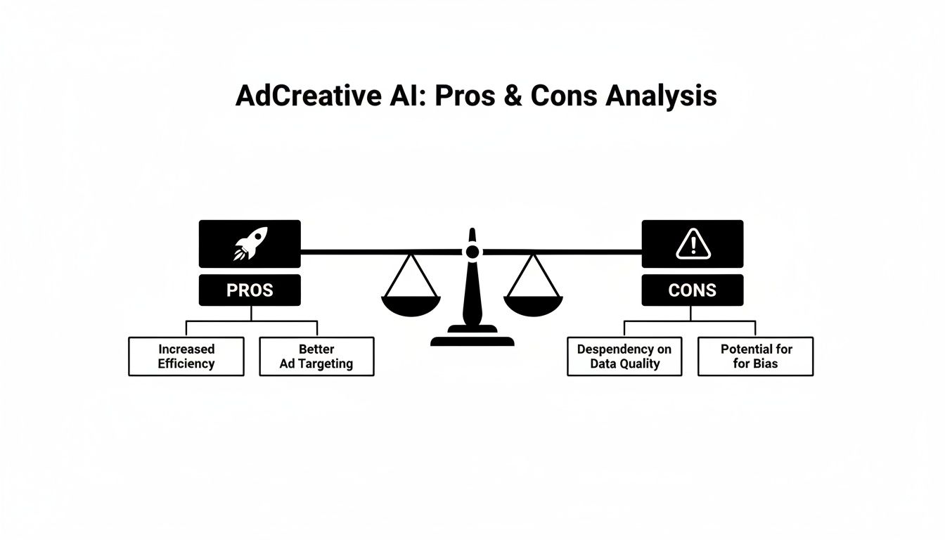 An infographic analyzing AdCreative AI, highlighting pros like increased efficiency and better ad targeting, and cons like data dependency and potential for bias.