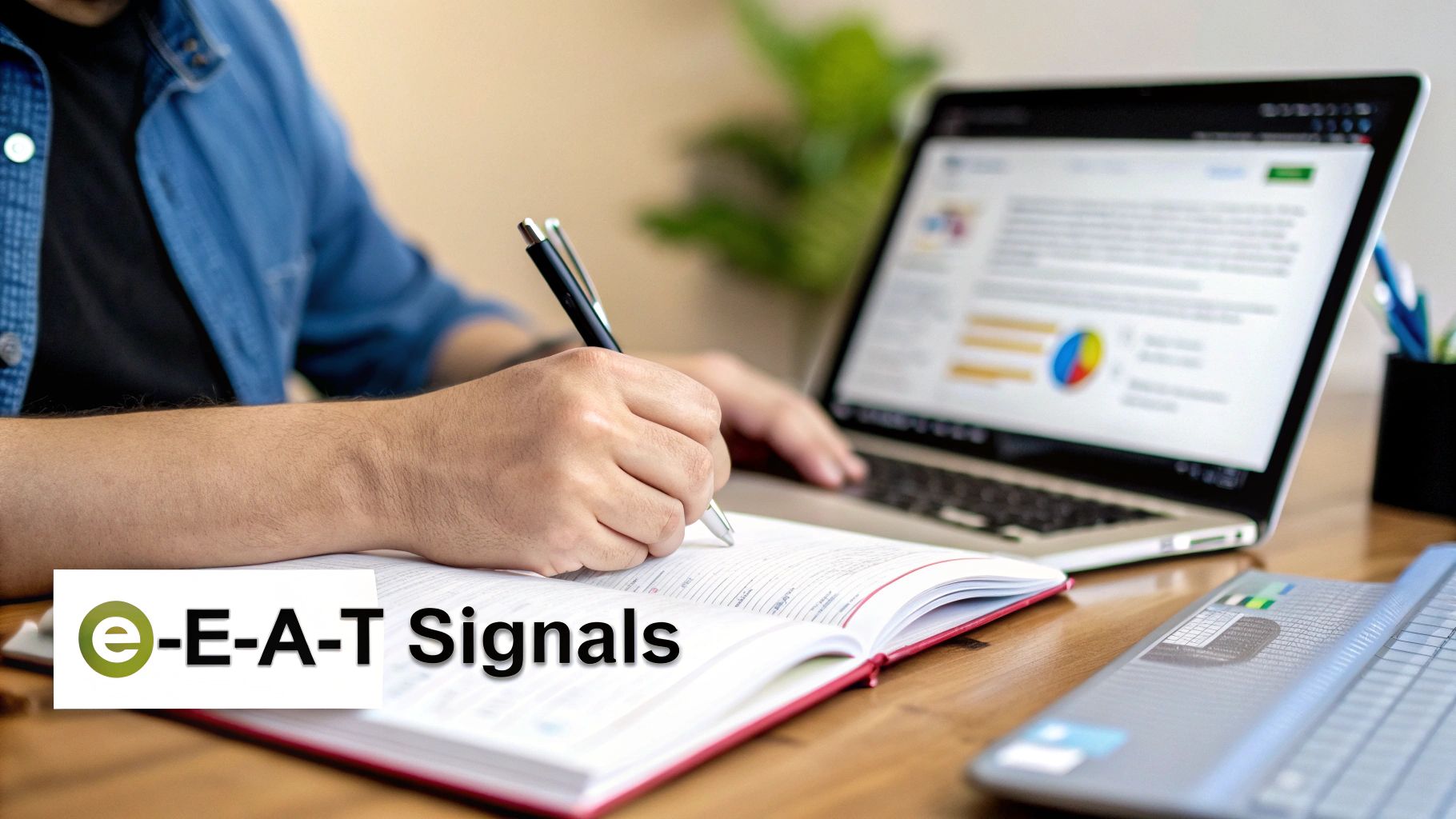 Person writing in a notebook next to a laptop displaying data, titled 'e-E-A-T Signals'.