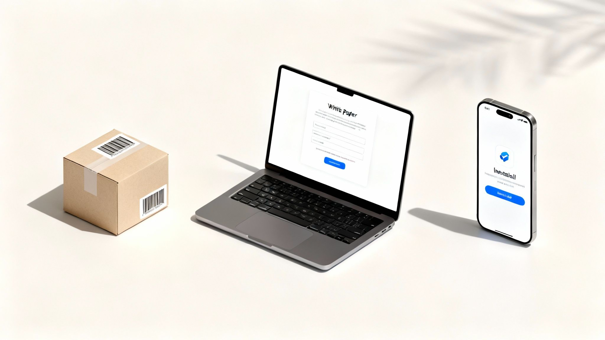 A clean white desk with a shipping box, a laptop showing a form, and a smartphone with an app.