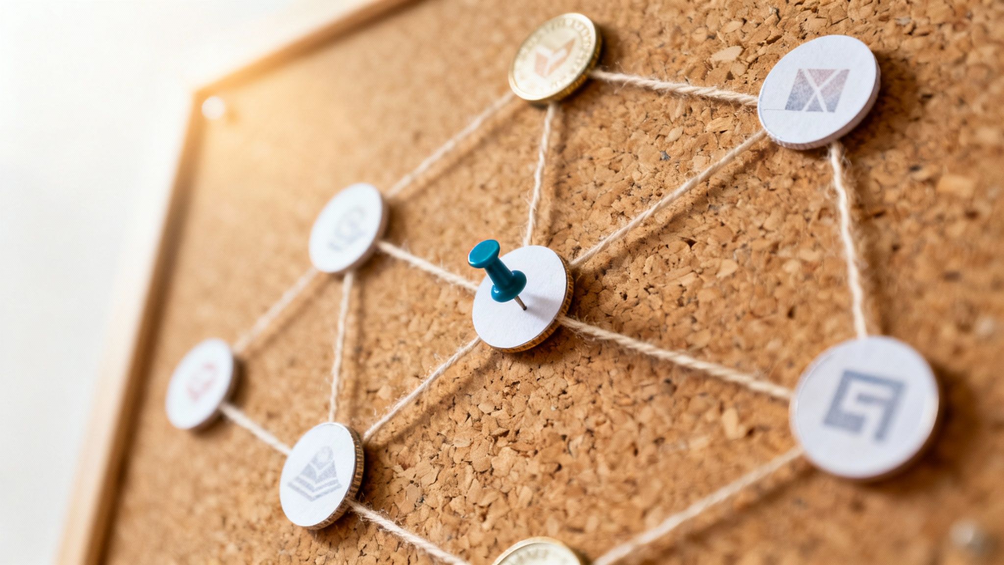 A cork board with pins, strings, and cryptocurrency logos, representing a connected network or strategy.