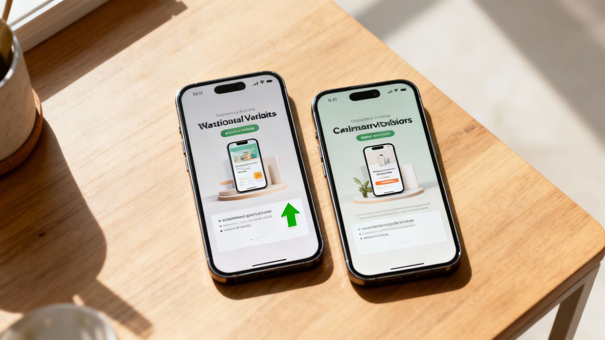 Two smartphones displaying e-commerce apps on a wooden desk, one with an upward green arrow.