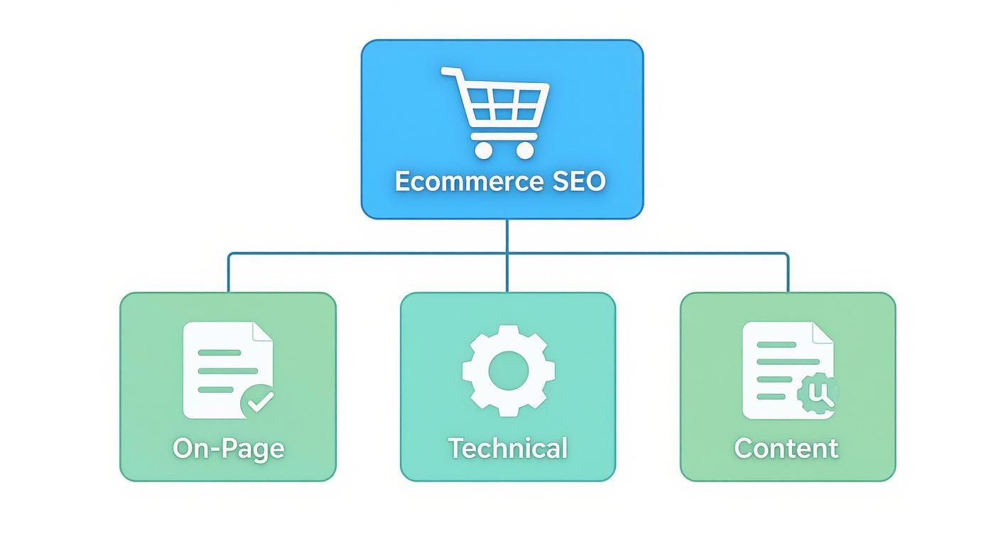 A flowchart showing Ecommerce SEO as the main topic, branching into On-Page, Technical, and Content categories.