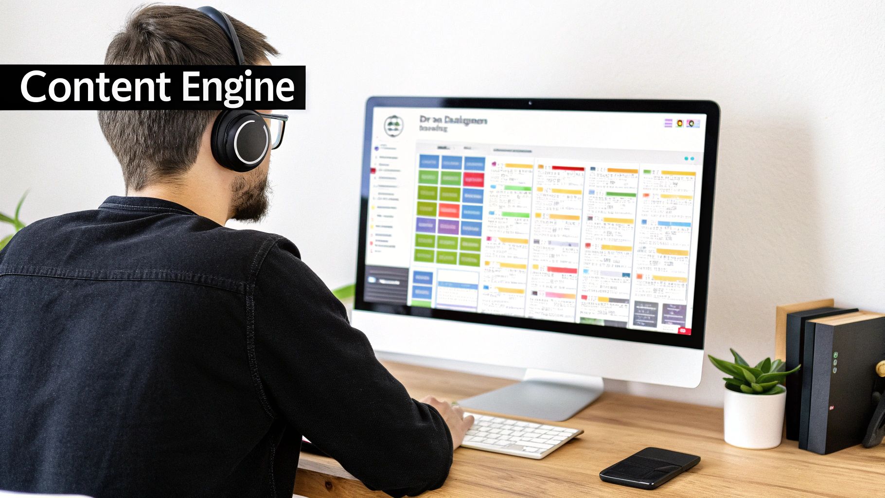 Over-the-shoulder view of a person wearing headphones working on a content engine on a computer.