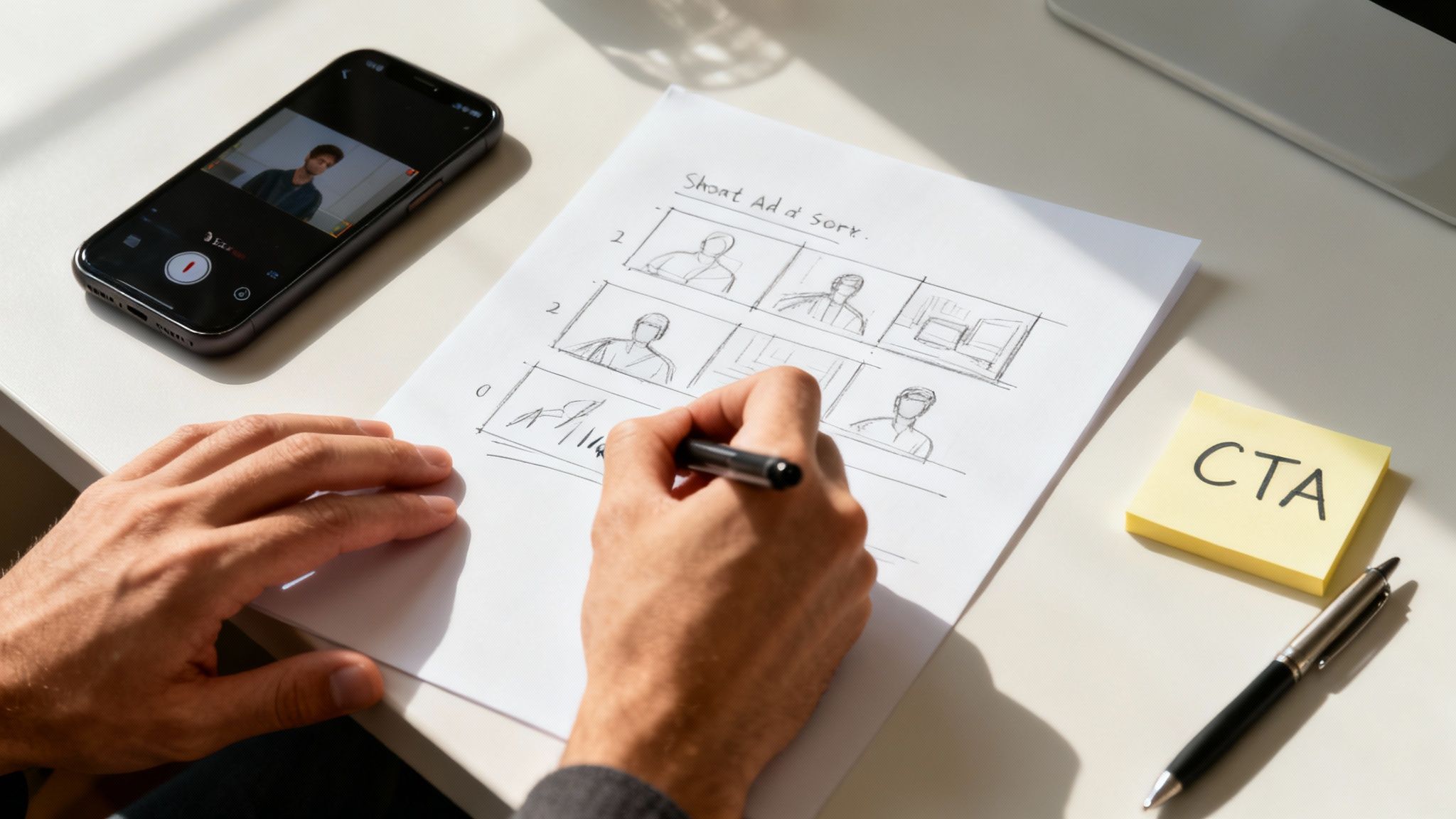 A person sketches a storyboard for a short ad campaign, with a smartphone displaying a video and a 'CTA' sticky note.