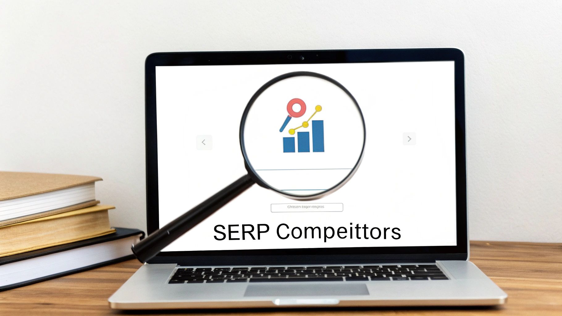 A laptop displays 'SERP Competitors' with a magnifying glass highlighting a bar and line graph icon.