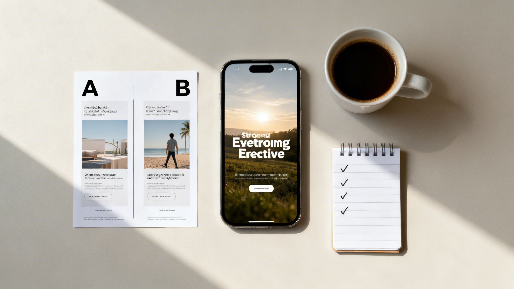 A flat lay of a smartphone showing a sunset, A/B test printouts, coffee, and a checklist notepad on a beige desk.