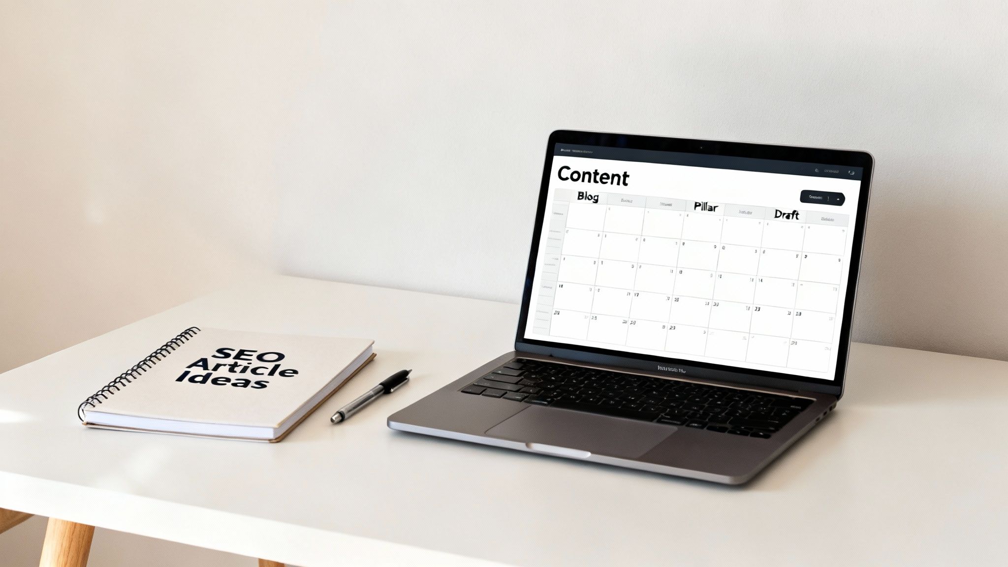 A laptop displaying a content calendar, a notebook titled 'SEO Article Ideas', and a pen on a clean white desk.