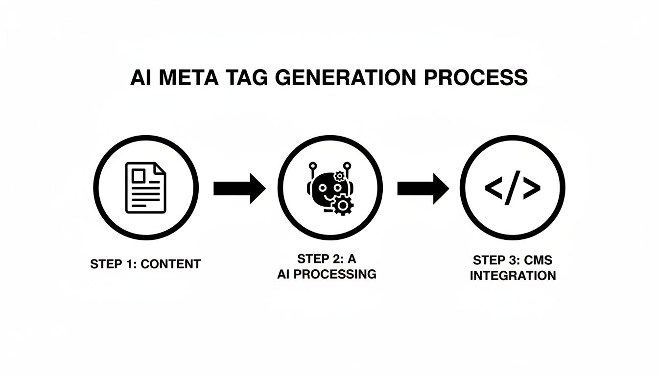 A diagram illustrating the three-step AI meta tag generation process from content to CMS integration.
