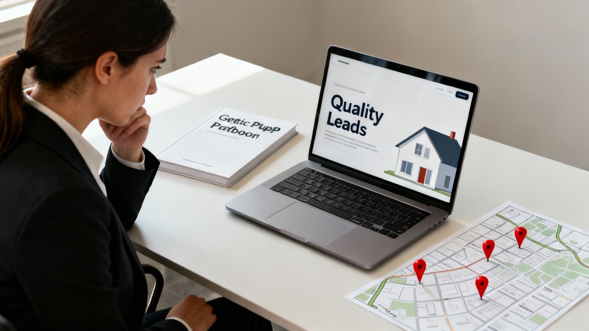 A businesswoman in a suit looks at a laptop displaying a 'Quality Leads' website, next to a map with location pins.