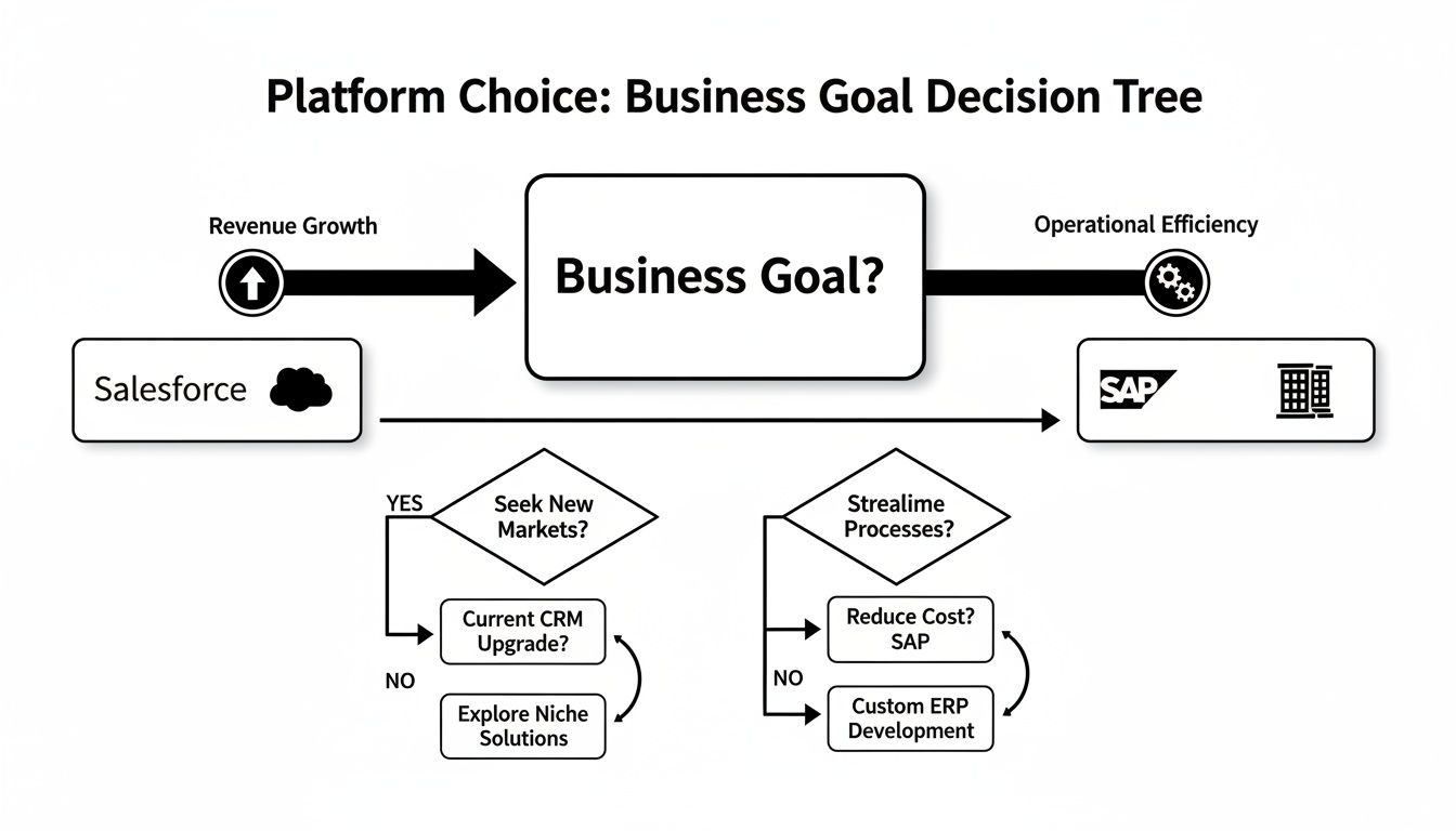 Decision tree diagram for platform choice, comparing Salesforce for revenue growth with SAP for operational efficiency.