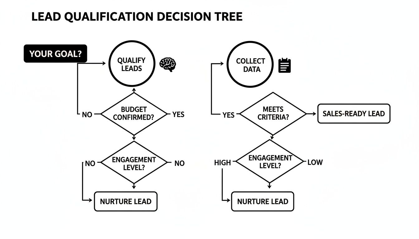 A lead qualification decision tree flowchart demonstrating paths to sales-ready or nurture leads.