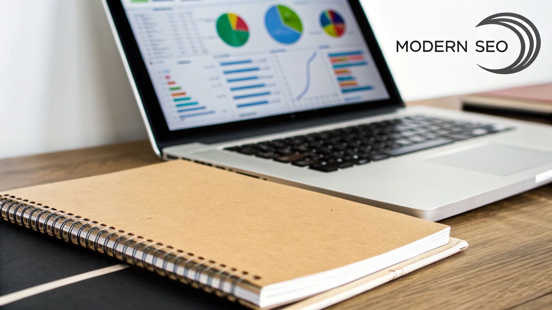 Laptop displaying SEO analytics charts and graphs with a notebook on a wooden desk.