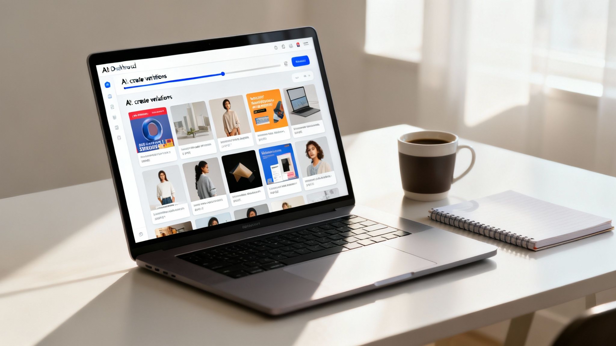 A laptop on a white desk showing a web app with various images, next to a coffee cup and notebook.