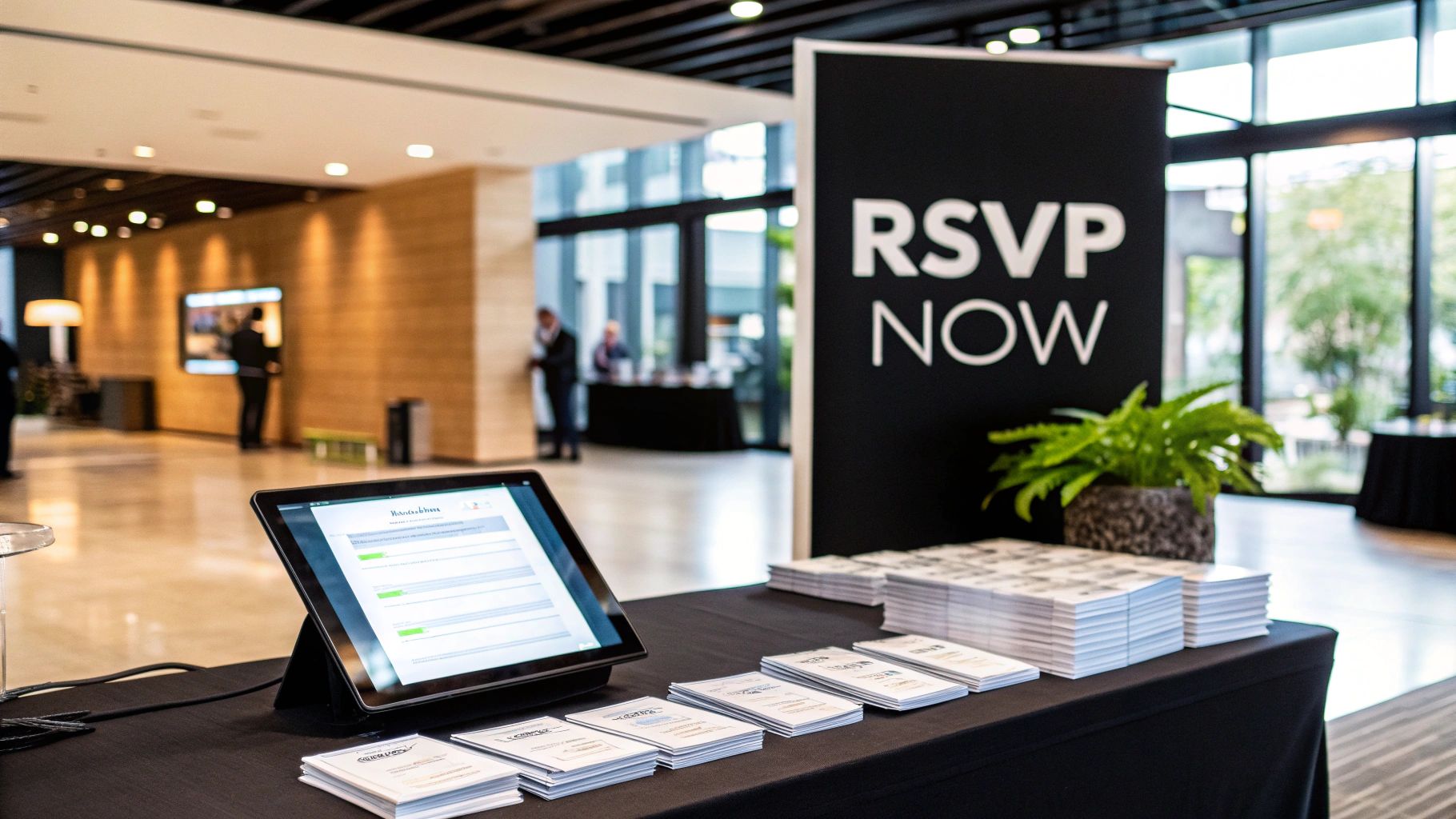 Event registration table setup with an iPad showing a form, stacks of brochures, and an 'RSVP NOW' sign.