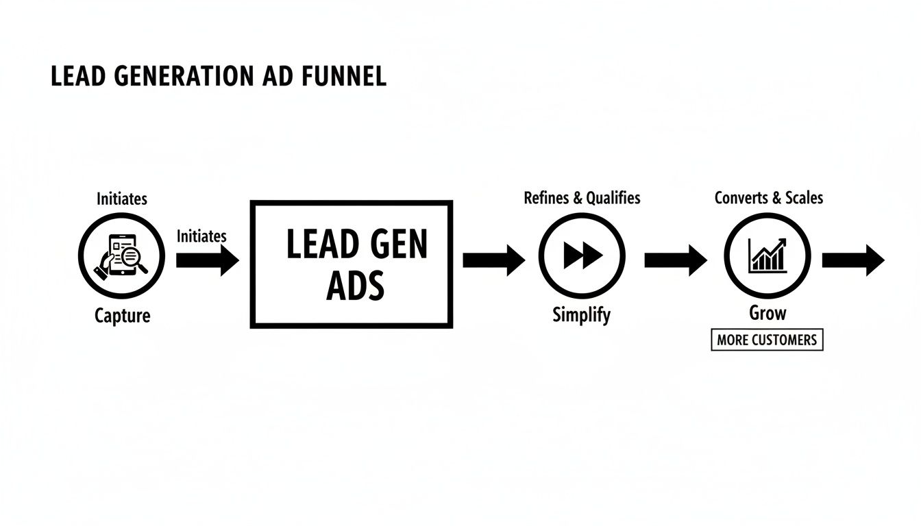 Diagram illustrating a lead generation ad funnel from capture and ads to simplification and growth.