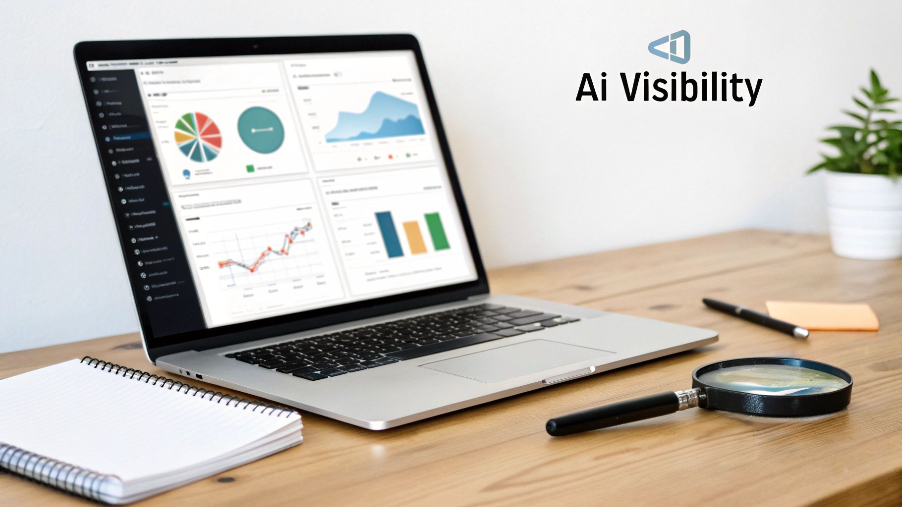 Laptop displaying business analytics dashboard with charts and graphs on a wooden desk with office supplies.
