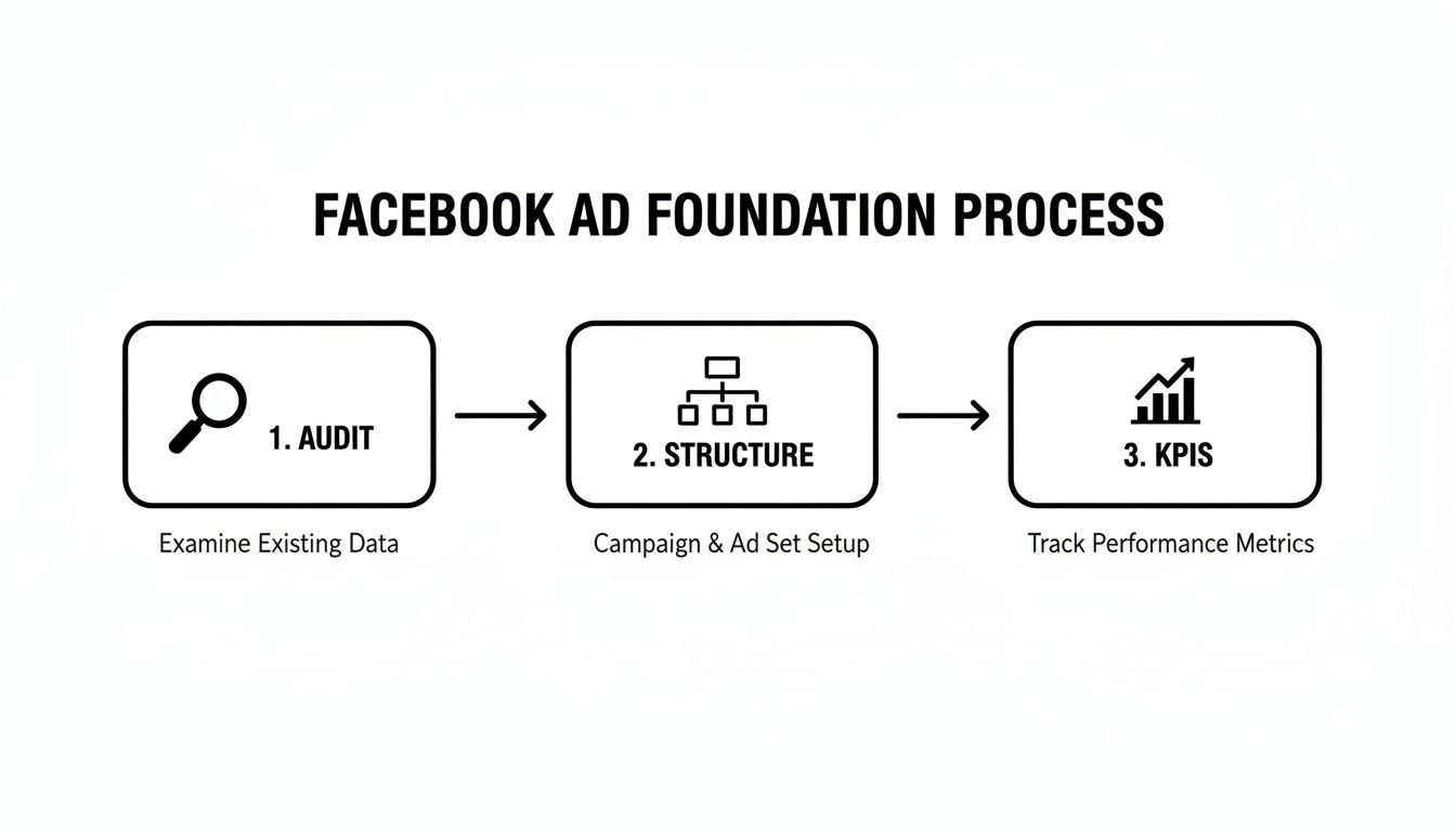Diagram illustrating the Facebook Ad Foundation Process with three steps: Audit, Structure, and KPIs.
