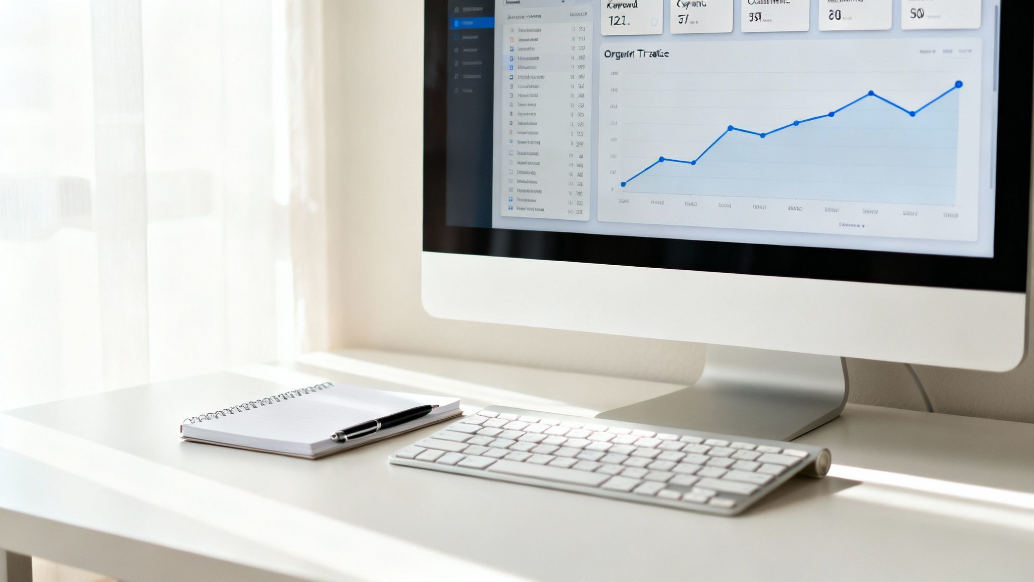 Computer monitor displaying analytics dashboard with organic traffic growth chart and keyword metrics on white desk
