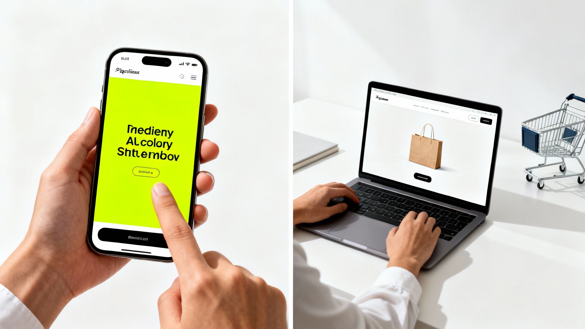Hands using a smartphone and laptop to browse an e-commerce website with a miniature shopping cart.