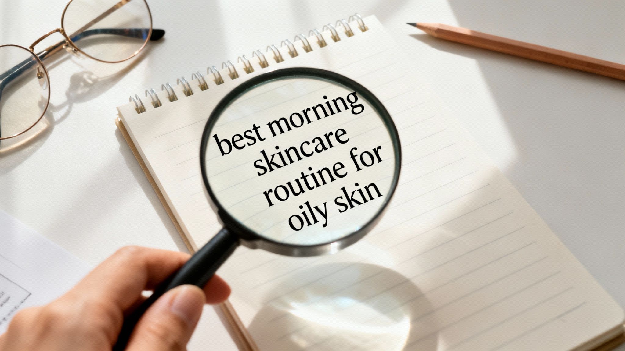 A magnifying glass highlights 'best morning skincare routine for oily skin' on a notebook.
