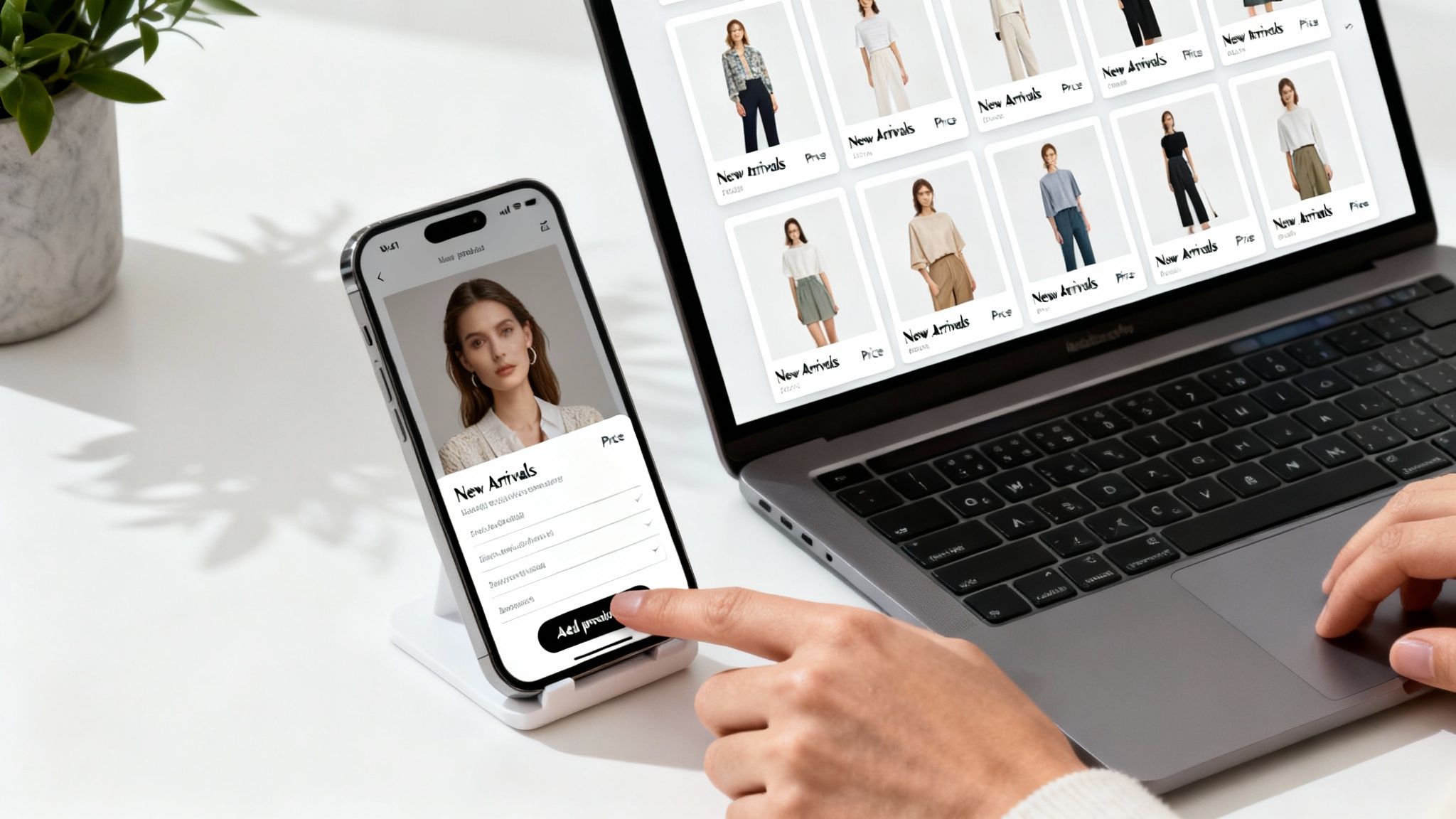 A person setting up an online shop, adding a product on a smartphone while viewing products on a laptop.