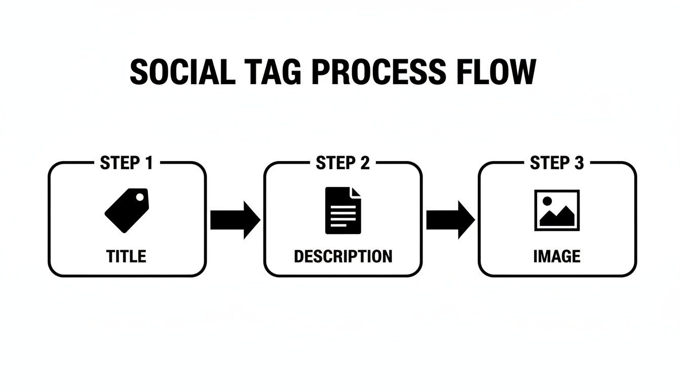 A social tag process flow diagram showing three steps: Title, Description, and Image creation.
