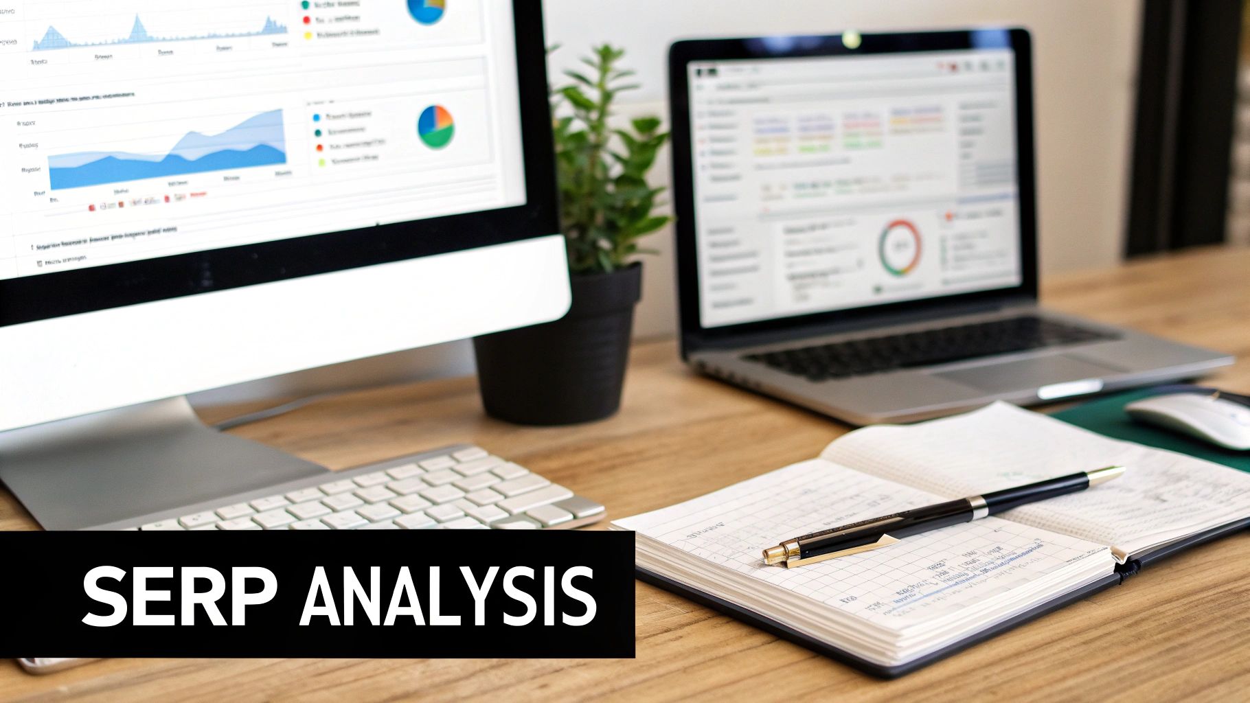 A workspace with computers displaying SERP analysis data and graphs, alongside a notebook and pen.