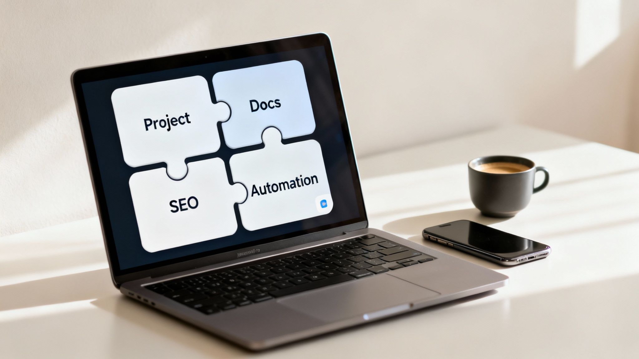 A laptop screen displays four puzzle pieces labeled Project, Docs, SEO, and Automation, alongside a coffee cup and smartphone.