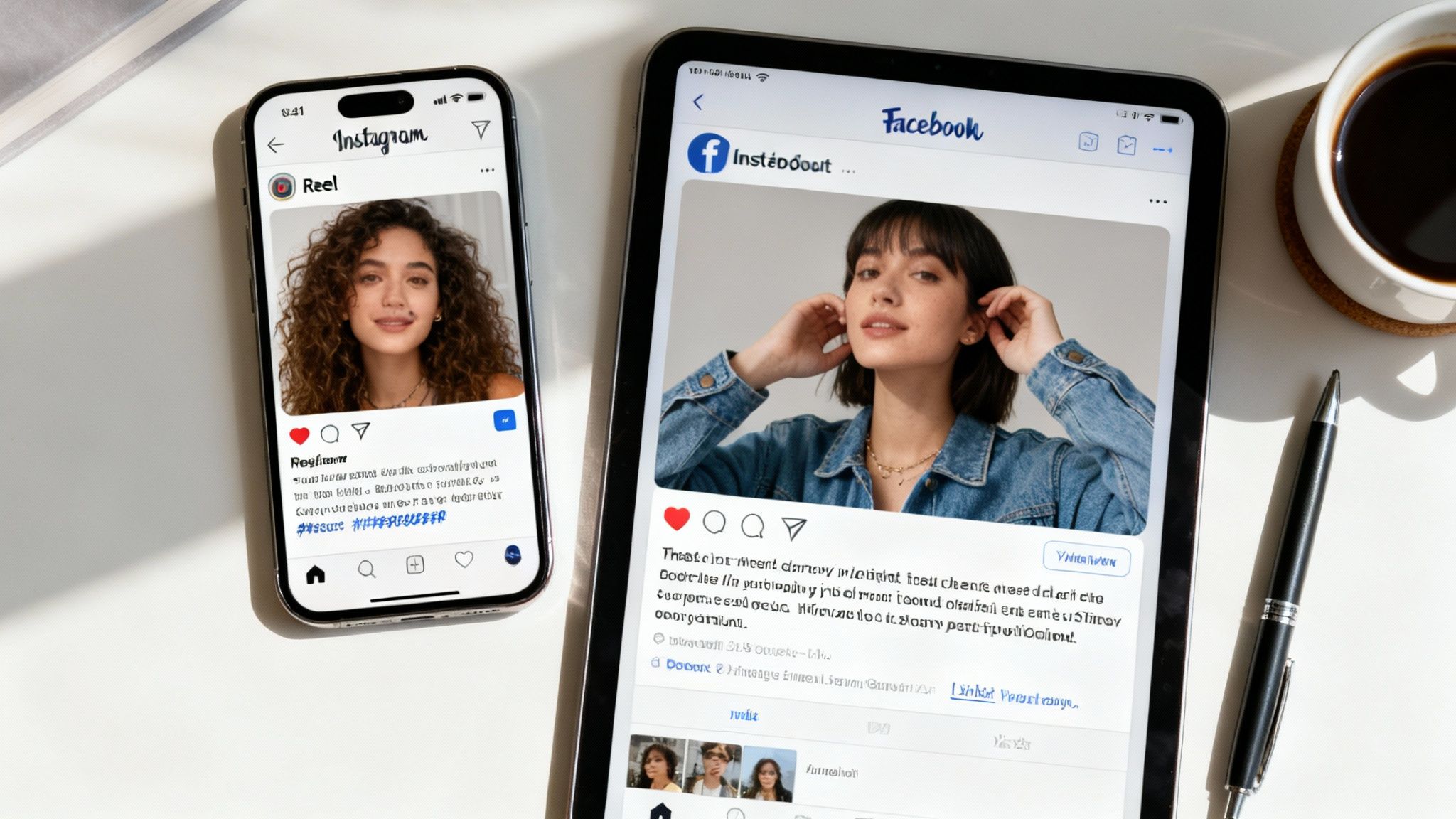 A smartphone displays an Instagram Reel next to a tablet showing a Facebook post on a white desk.