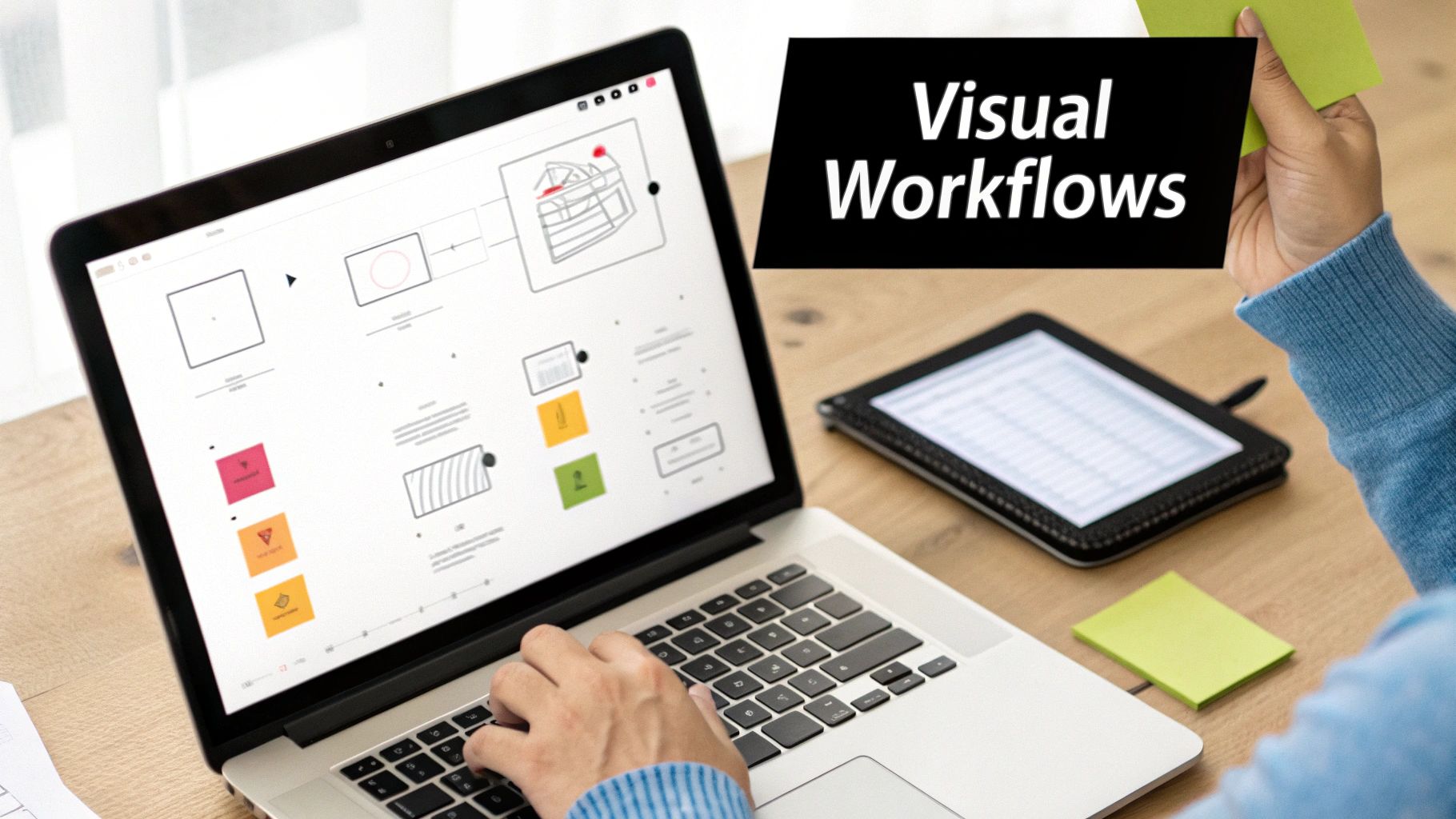 Person working on a laptop displaying visual workflow diagrams, with a tablet and sticky notes.