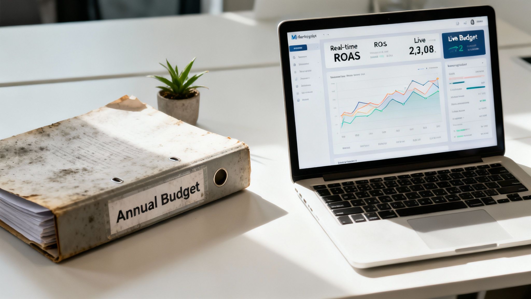 A worn 'Annual Budget' binder sits next to a laptop displaying real-time marketing analytics.