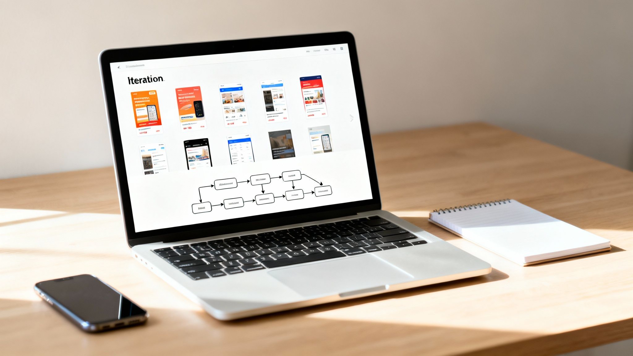 A laptop displays app mockups and a UX design iteration flowchart on a wooden desk.