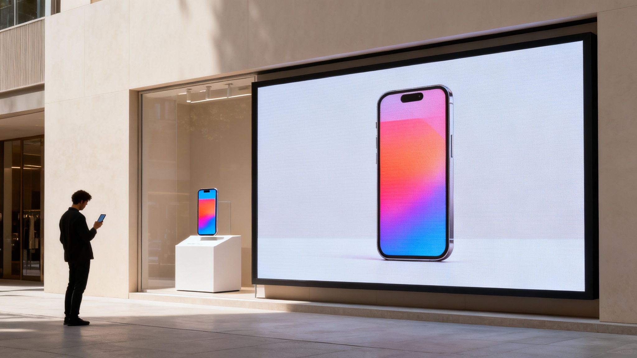 Person looks at smartphone in front of a modern store with large digital display showing an iPhone.