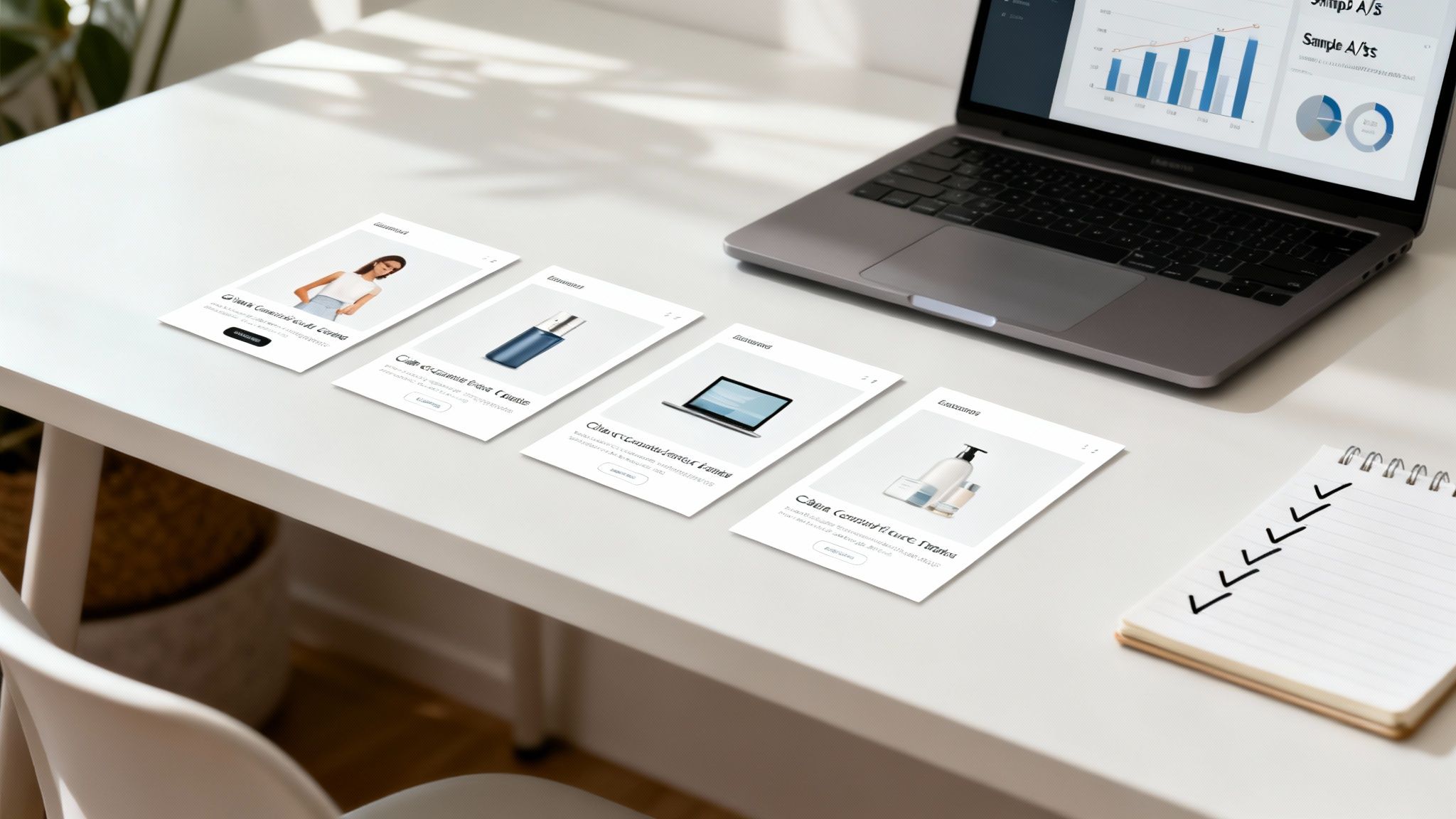 A desk with a laptop showing charts and various digital campaign mockups for DTC marketing.