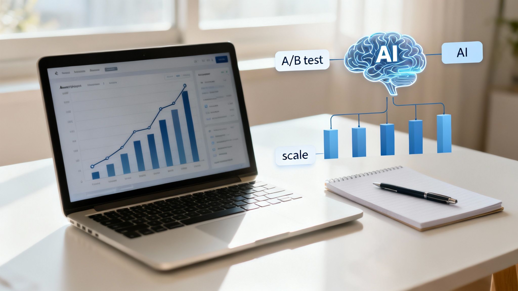 Laptop displaying a growth chart, alongside an AI diagram illustrating A/B testing and scaling results.