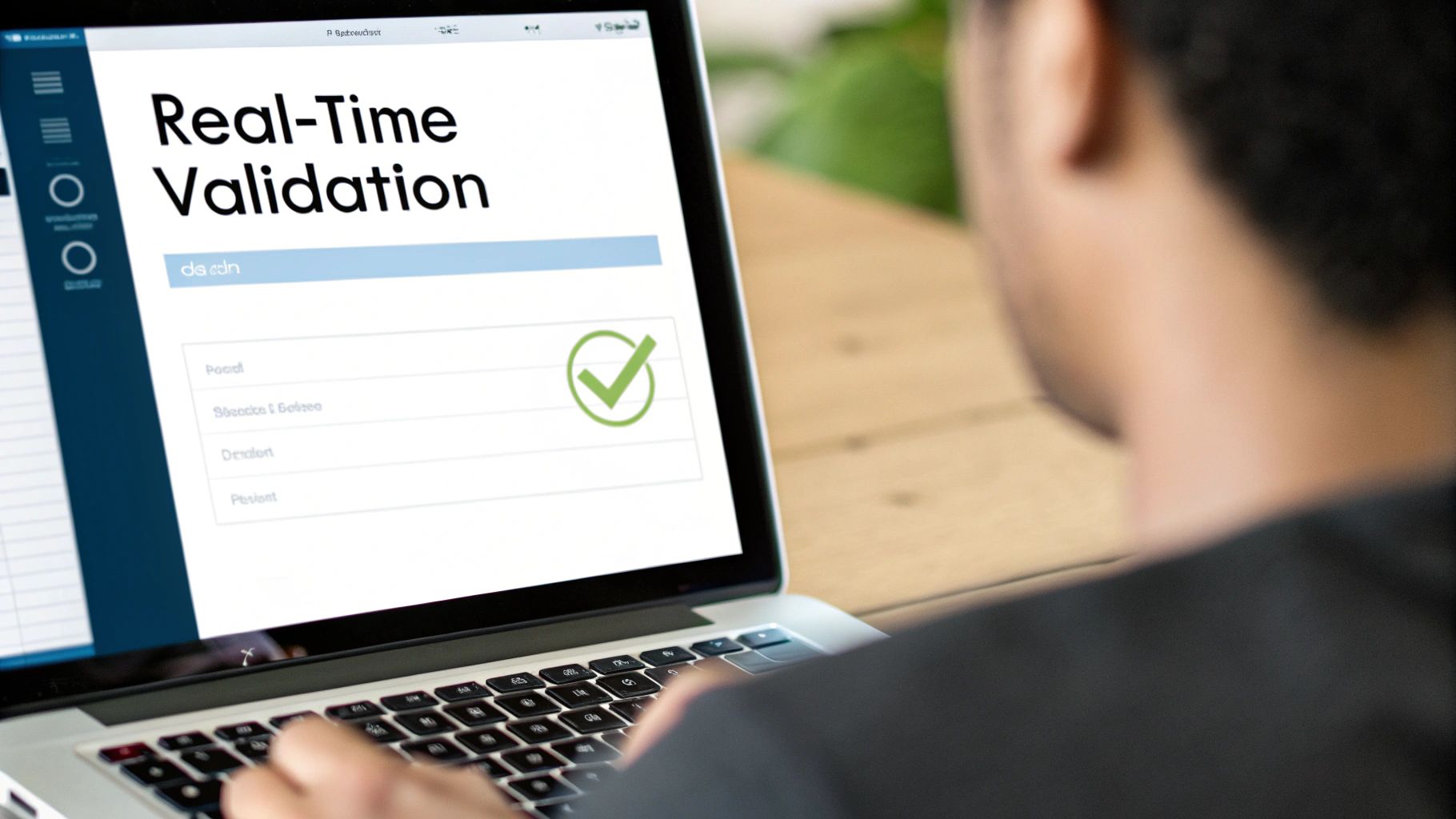 A person typing on a laptop screen showing 'Real-Time Validation' with a green checkmark indicating success.