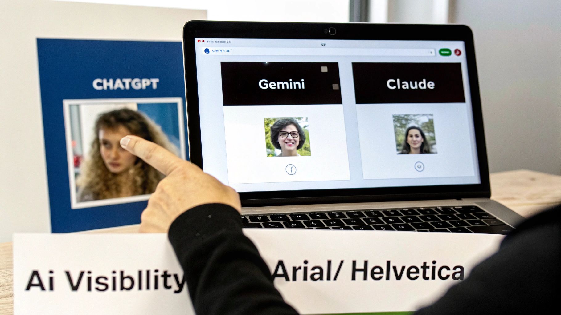 A hand points at a ChatGPT display, next to a laptop showing Gemini and Claude AI interfaces.