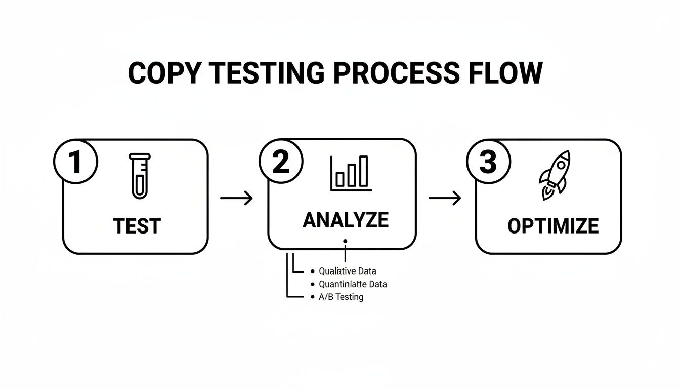 A three-step copy testing process flow diagram illustrating test, analyze, and optimize stages with data types.