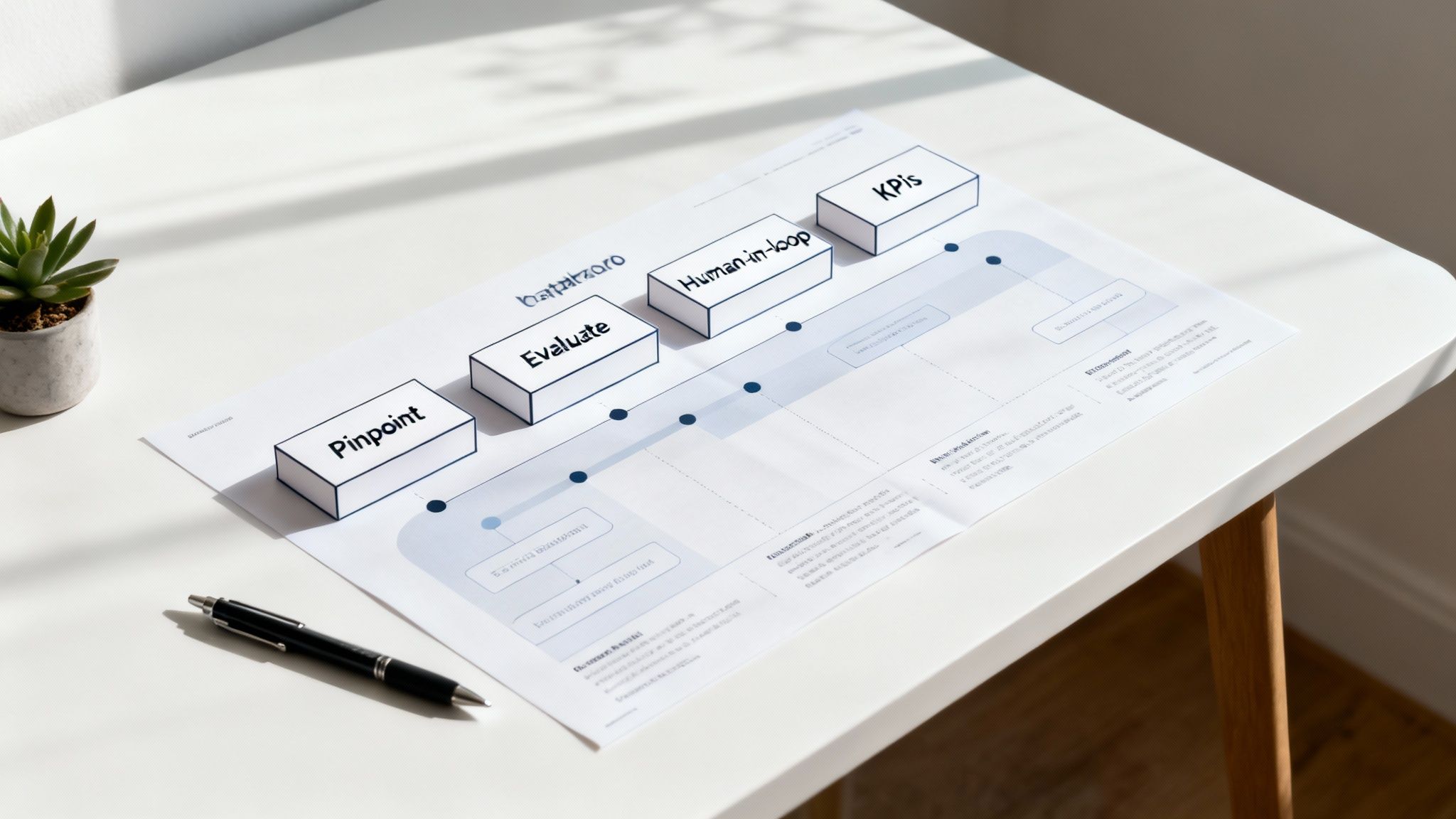 A detailed diagram showcasing a business process, including steps like Pinpoint, Evaluate, Human-in-loop, and KPIs, laid out on a clean white desk.