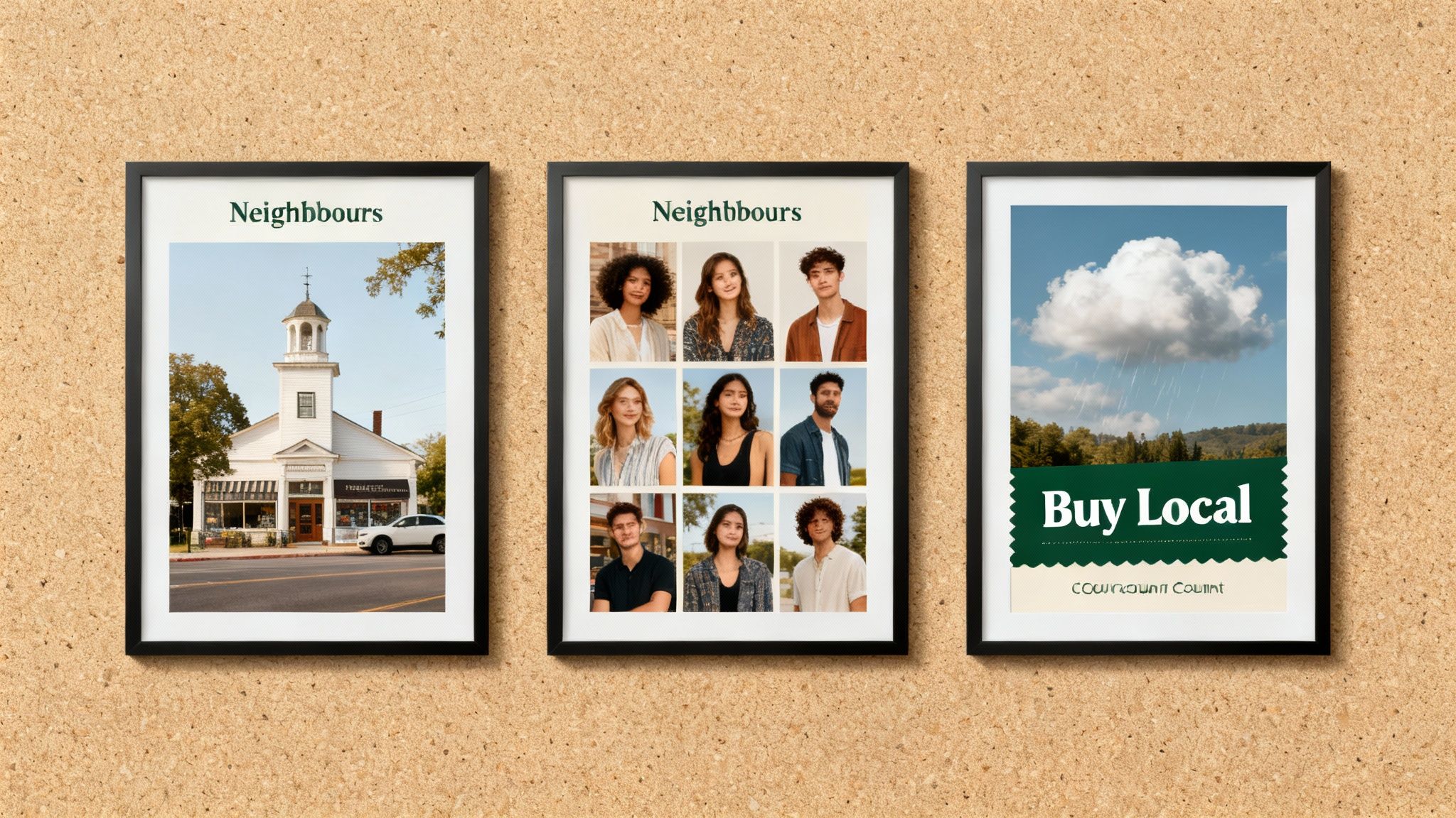 Three framed posters on a cork board promoting 'Neighbbours' and 'Buy Local' community initiatives.