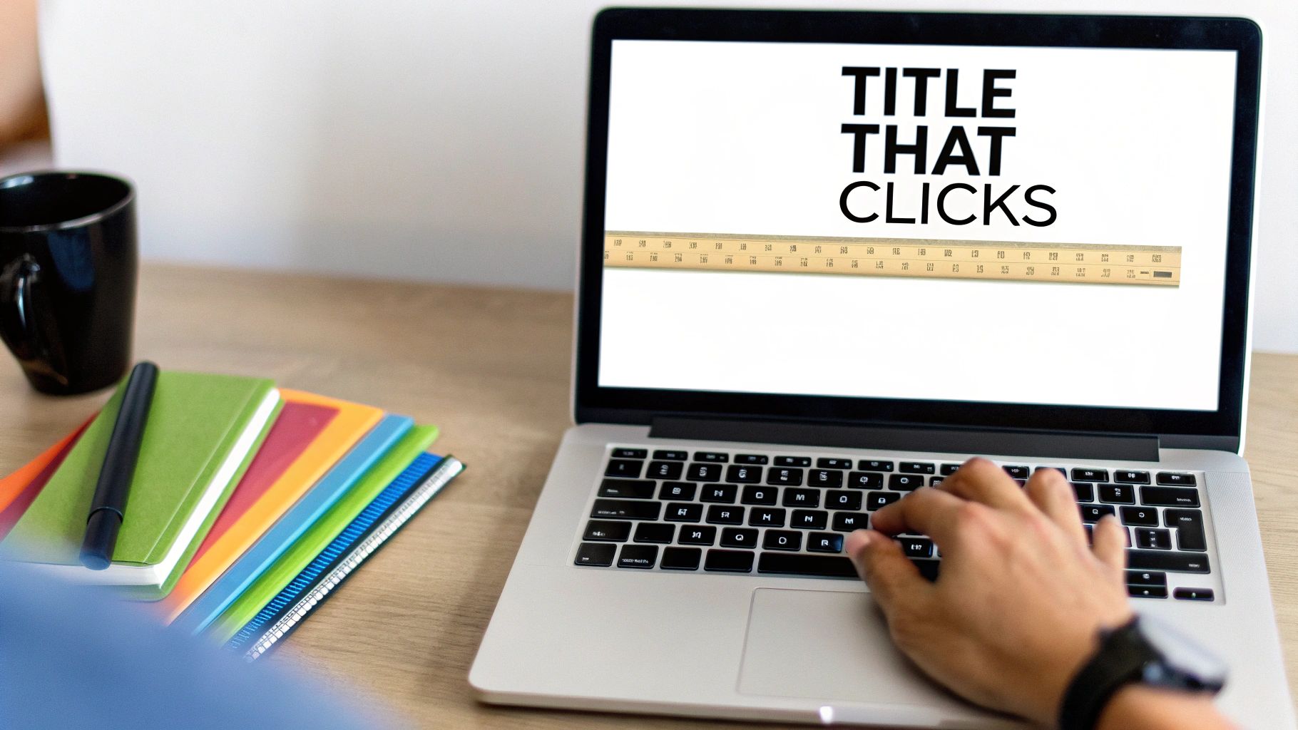 Person typing on a laptop with 'TITLE THAT CLICKS' on screen, next to colorful notebooks.